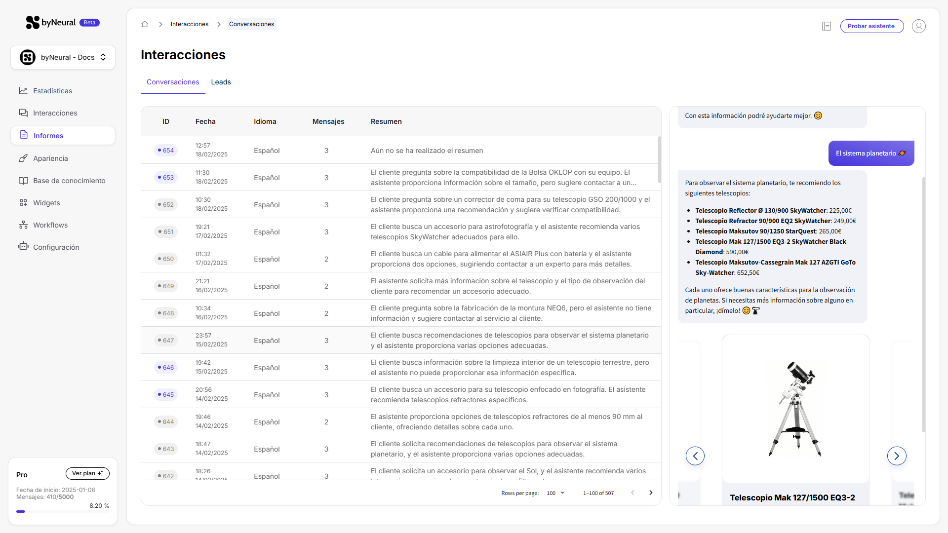 Vista de la pestaña de conversaciones