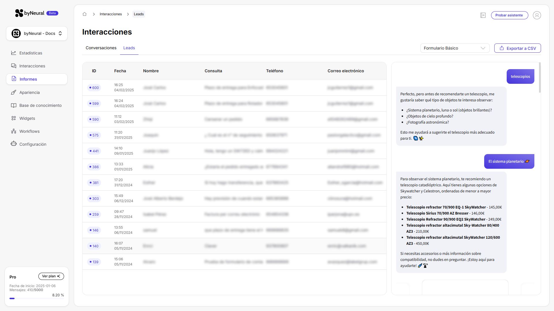 Vista de la pestaña de leads