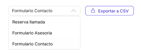 Selector de formularios y botón Exportar a CSV