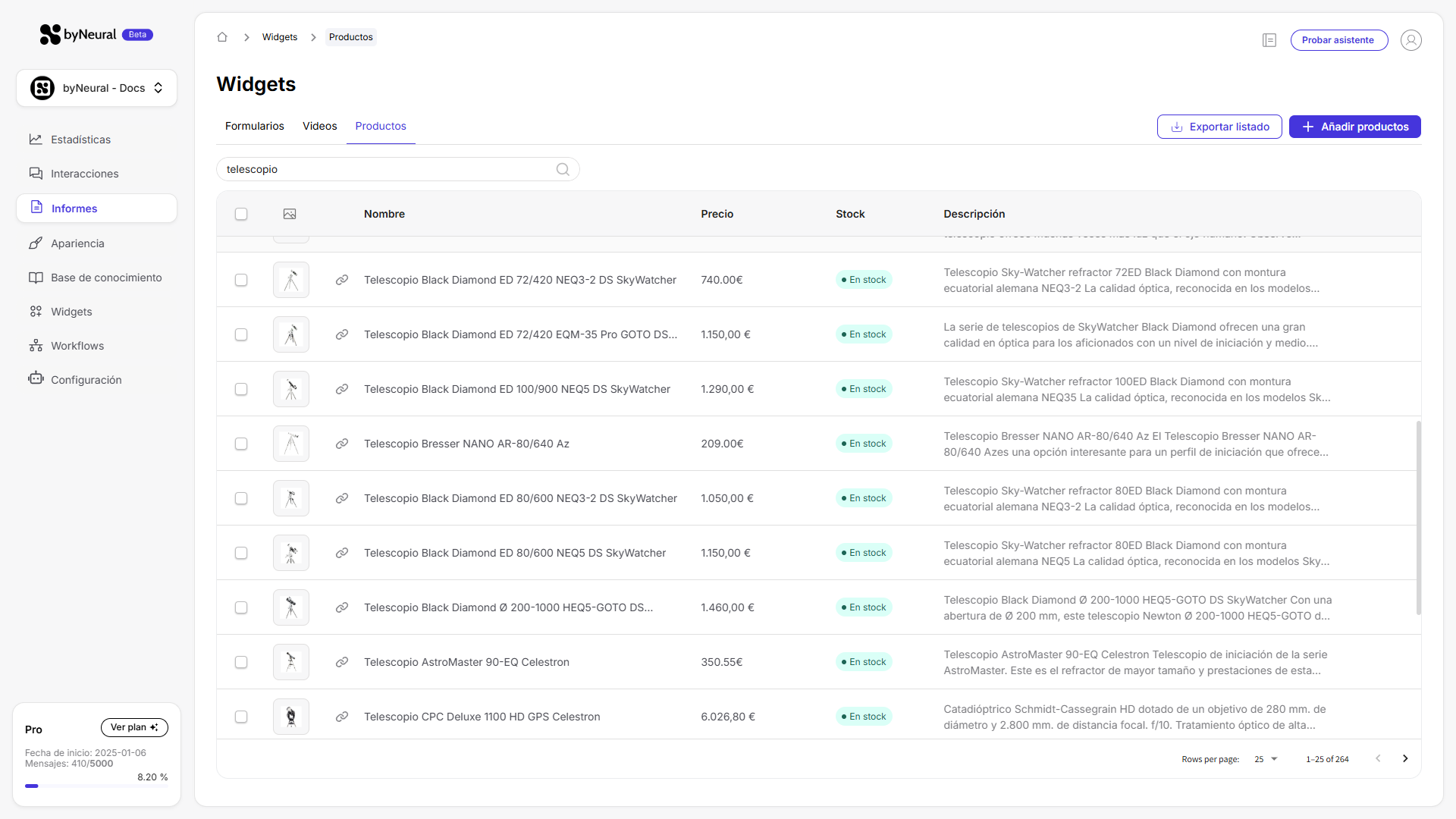 Vista tabla productos WooCommerce